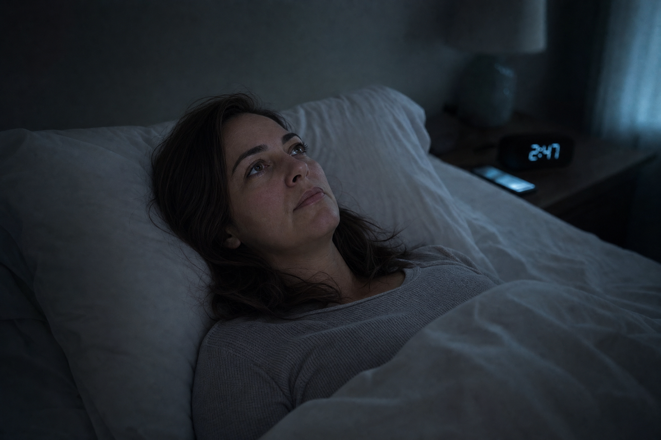 A woman lying awake in bed in the middle of the night