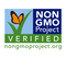 The Non-GMO Project Verified logo with an orange butterfly over a green checkmark, on a dark green background.