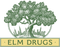 The logo for "Elm Drugs," which features a large tree with a city skyline in the background, on a dark green background.