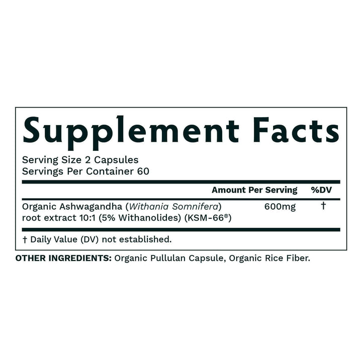 Ashwagandha KSM-66 supplement facts label — 120 capsules
