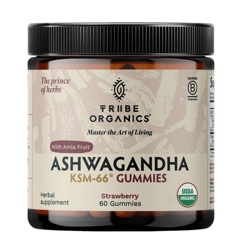 Tribe Organics Ashwagandha KSM-66 gummies bottle on a white background