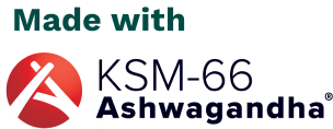The KSM-66 Ashwagandha logo, with the text "Made with KSM-66 Ashwagandha."
