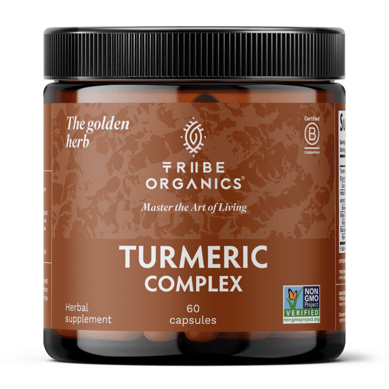 Tribe Organics Turmeric Complex supplement jar on a transparent background