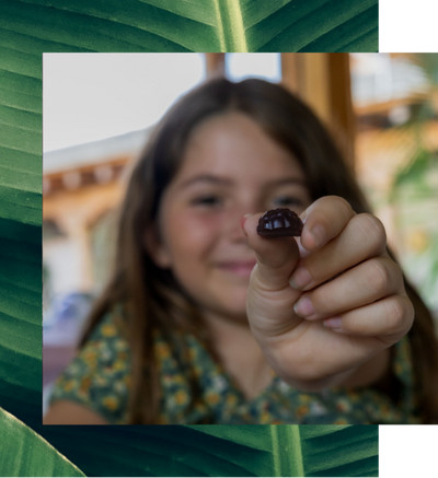 A blurry image of a girl holding a dark gummy between her fingers.